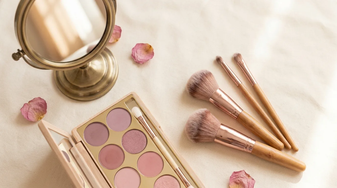 Soft pink makeup palette, brushes, and vanity mirror flatlay for one-on-one makeup sessions