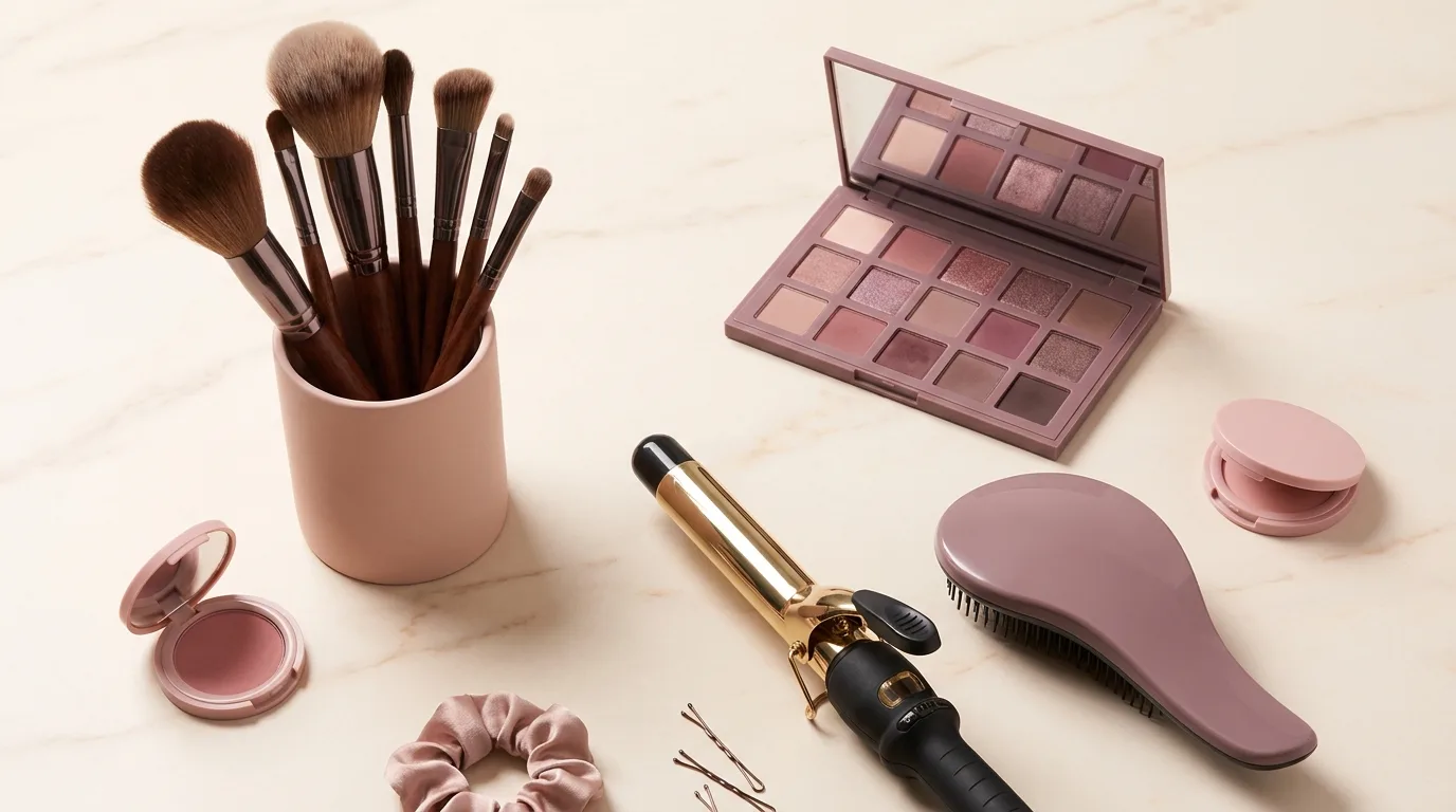 Professional makeup brushes, palette, and hair styling tools flatlay representing the professional makeup class tier