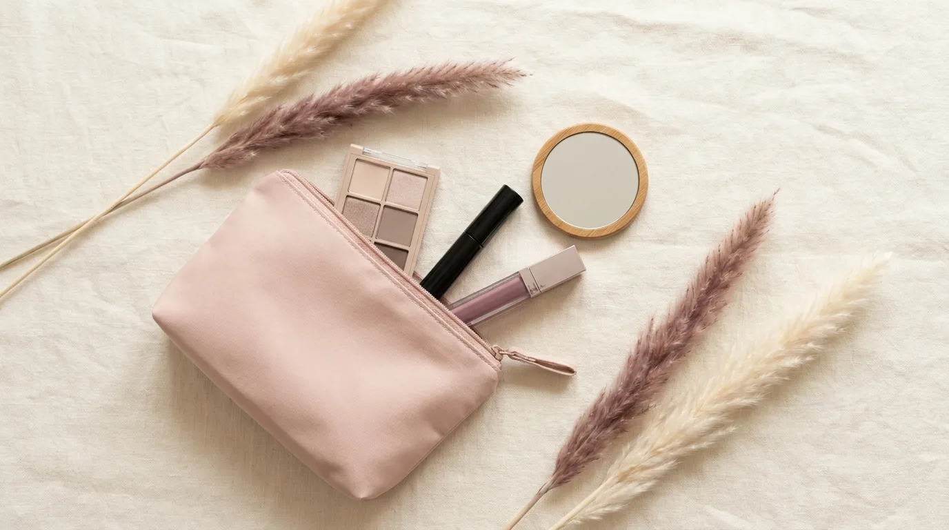 Blush pink makeup bag flatlay representing the self makeup session tier